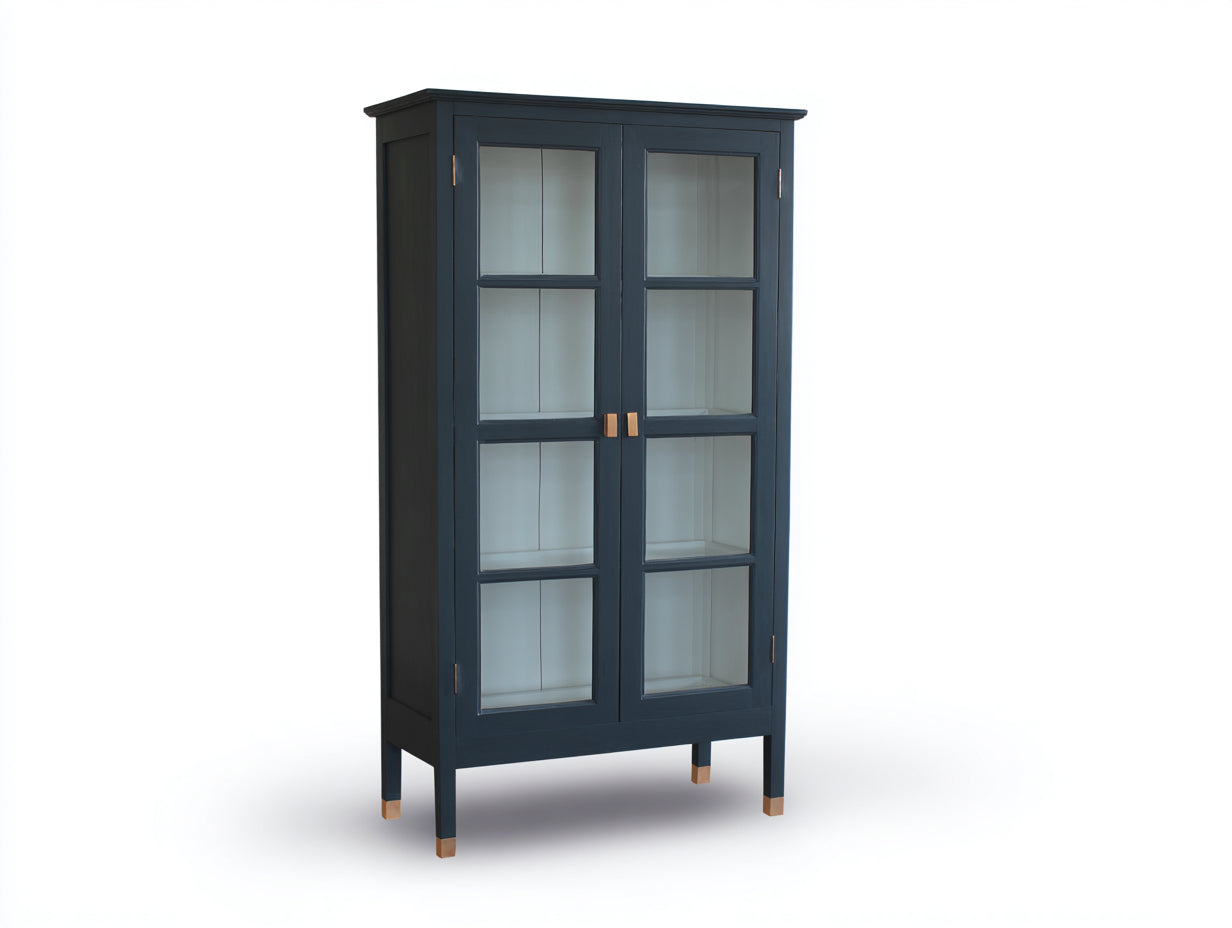 Vitrine - bois-verre - 92x43x197 cm - bleu foncé-blanc - style contemporain